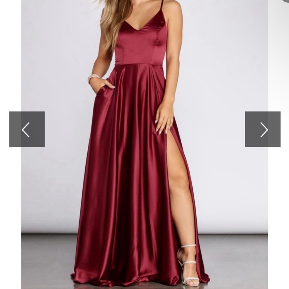 Red Satin Dress / Gown With Slit and Pockets